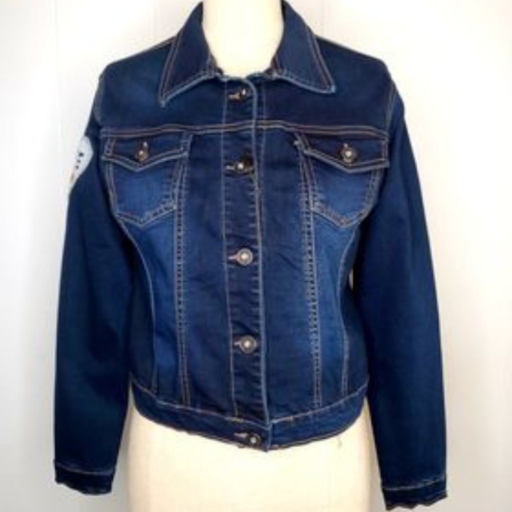 Denim Jean Jacket w/ Shiny Heart Patch (Stretch)